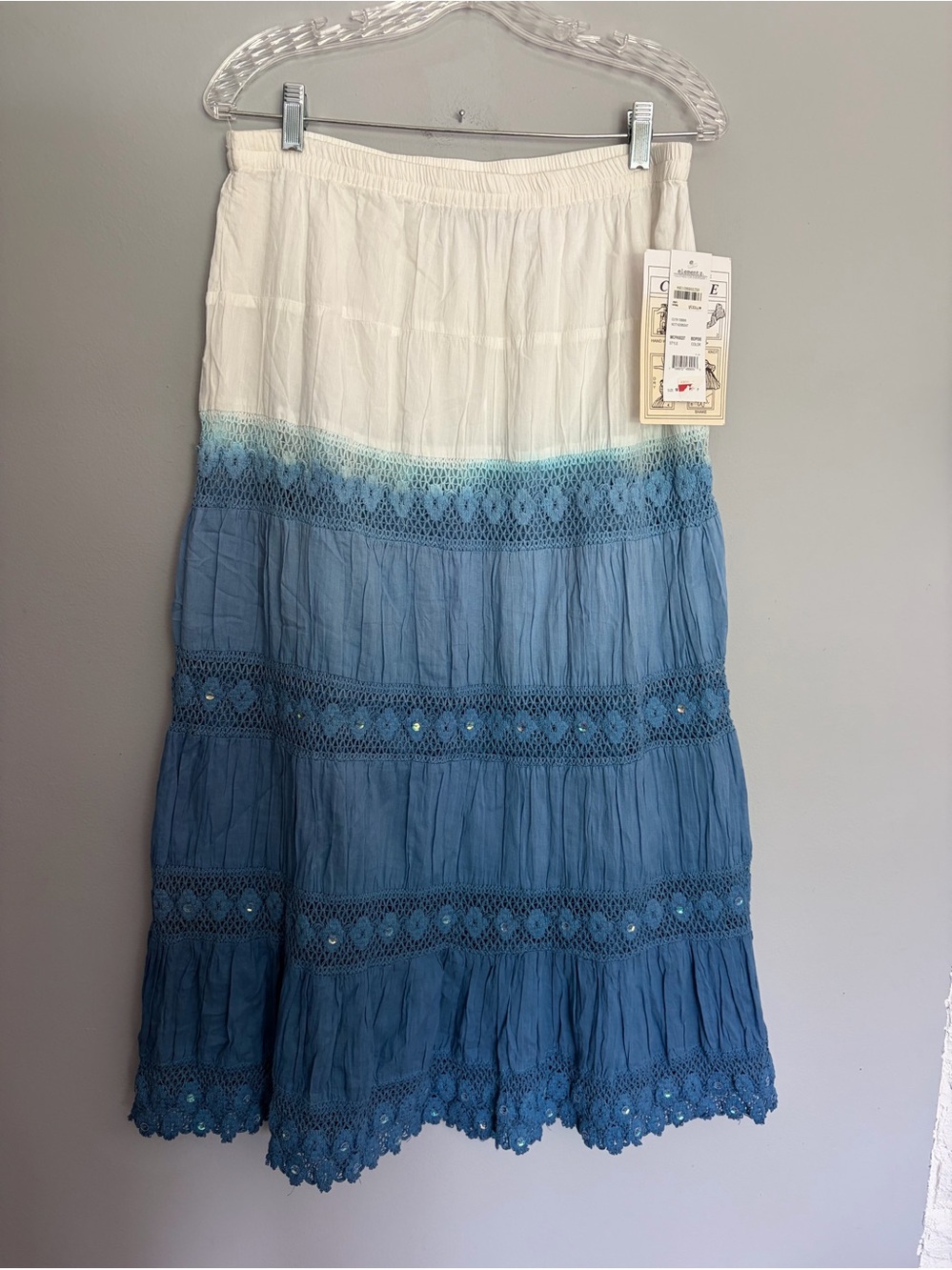 Elementz Cotton Boho Maxi Broom Skirt Sz M Blue White Tiered Embroidered Coastal
